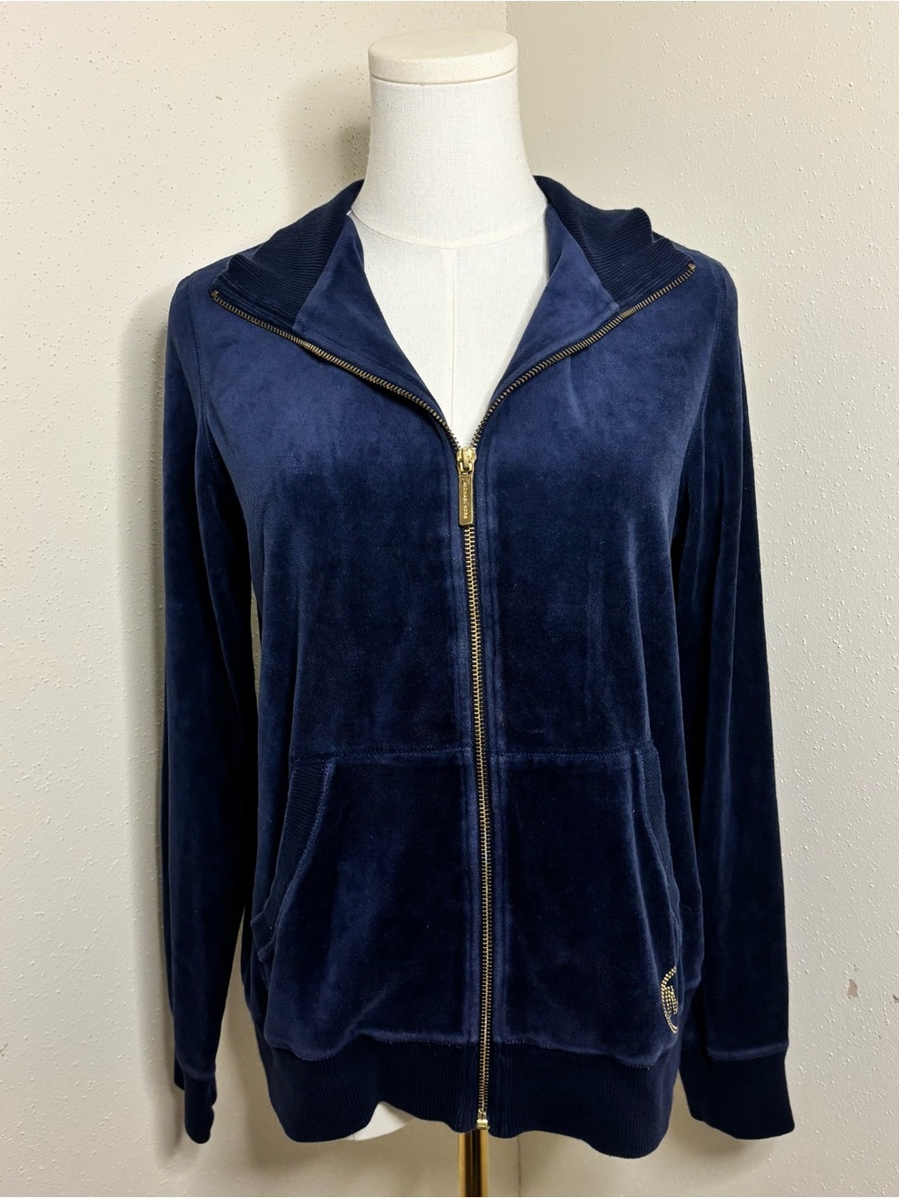 Michael Kors Navy Velvet Zip-Front Bomber Jacket